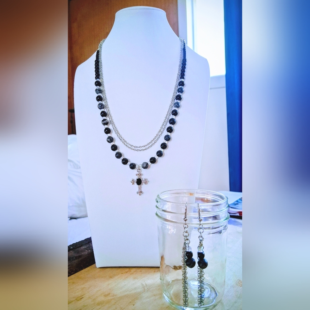 Handmade Snowflake Obsidian & Jet Layered Necklace Set